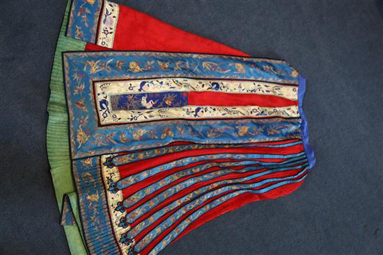 Two Chinese embroidered silk skirts, early 20th century,